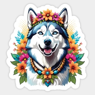 Hippie Husky in Flowers Sticker